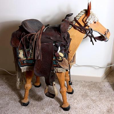 Hand-Made Wood Horse with Western Saddle