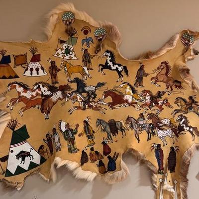 Native American Deer Hide Painting - "Horse Capturing & Bartering for a Bride" by Doreen England 