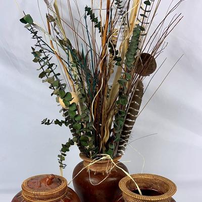Trio of Vintage Wicker Trimmed Clay Vase 