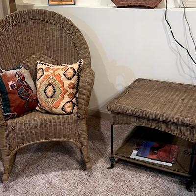 Tan Wicker Rocking Chair & Side Table