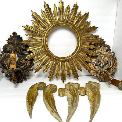 Vintage Carved Wood Decor: Sunburst Frame 21”, Candle Sconces, Floral Elements 