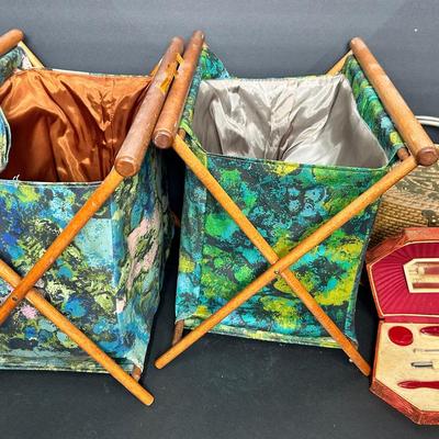 Teak Folding Knitting Baskets, Vintage Grooming Kit, Wicker Box Purse
