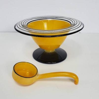 Art Deco Style Yellow Cased Glass Bowl & Ladle