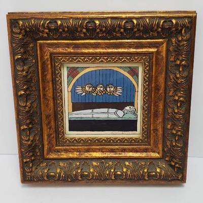 Sheila Keefe "Three Angels At The Entombment" Signed Painting 1985 - Ornately Framed 9.5”x9.5”
