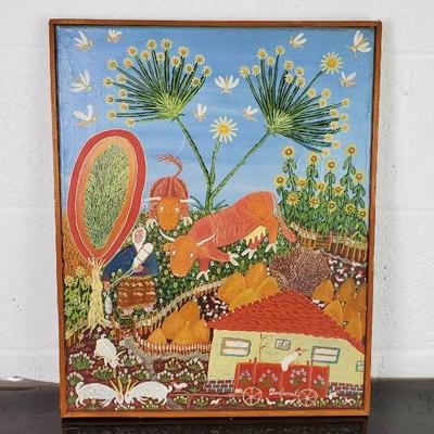 Signed Eastern European Folk Art Painting On Canvas - 19.5x15.5”