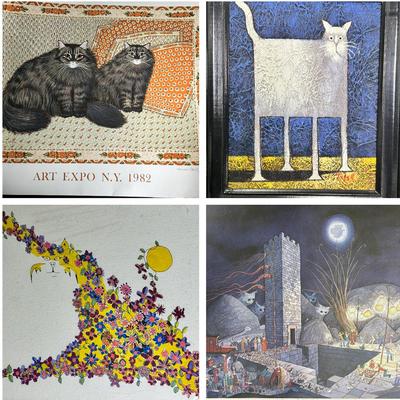 Cat Art: Signed Prints By AK Koskela & Mimi Vang Olsen; Square Cat Painting & Flora Cat Watercolor