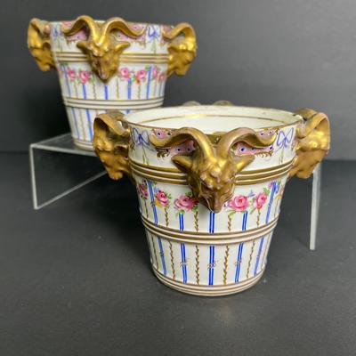 Antique Royal Vienna Augarten Cache Pots With Gilt Painted Rams Heads - 5”h