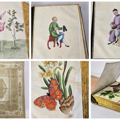 19th Century Chinese Export Album Of Gouaches On Pith Paper Depciting Flowers, Tea Production, More