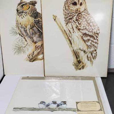 Frank Gee “Three Chickadees” Signed & Numbered Print 16x22”, Plus 2 Charles Rowe Owl Prints 25.5x20”