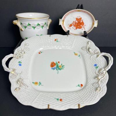 Herend Porcelain: Rust Chinese Bouquet Ashtray, Mille Fiore Square Plate, 4” Cachepot