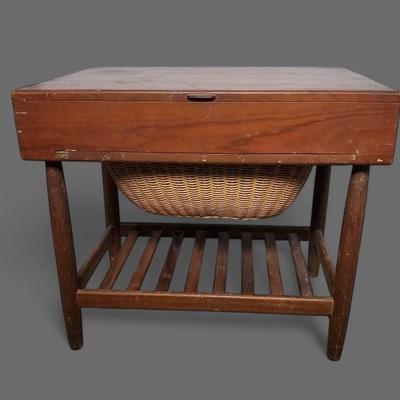 Danish Modern Sewing Table, Solid Wood With Wicker Basket - 24x16x21"