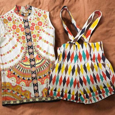 Vintage 60s Mod Psychedelic Tunic Top & Harlequin Diamond Print Romper - Size S/M