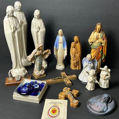 Christian Figurines Including Goebel Madonnas 10-11”h, Plus Glass Evil Eyes