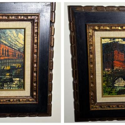 Mid Century Cityscape On Board Pair, Framed 18.5x16.5"