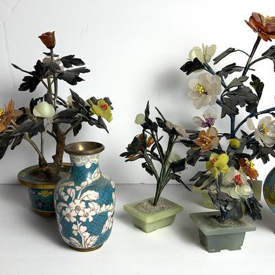 Chinese Stone Flower Trees (4-9") & Cloisonne Vases (4-5")