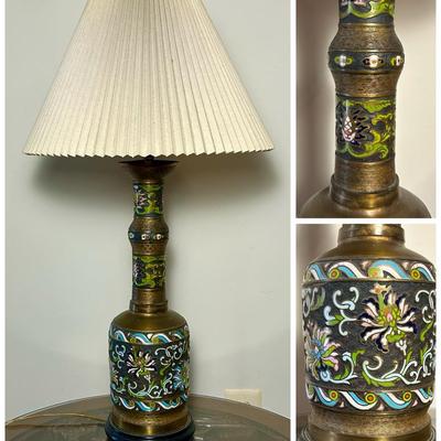 Asian Brass Cloisonne Table Lamp - 34”h