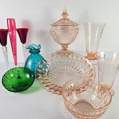 Depression Glass Pink Candy Dish, Bowls & More Colorful Glass 