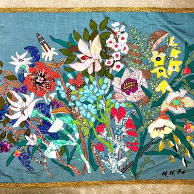 Vintage Hand-Appliquéd Floral Textile Art, Signed H.H.74 - 35x50”