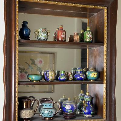 Miniature Asian Cloissone Vessels & Mirrored Display Wall Shelf - 14x3.5x17” 