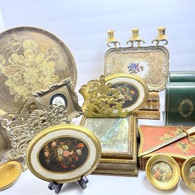 Brass Candelabra 8”h, Book Jewelry Box Made France, Florentine Trays & Box, More