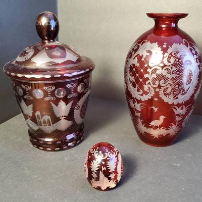 Ruby Red Bohemian Etched Glass Paperweight, Vase 8.5”h & Lidded Jar 9”h
