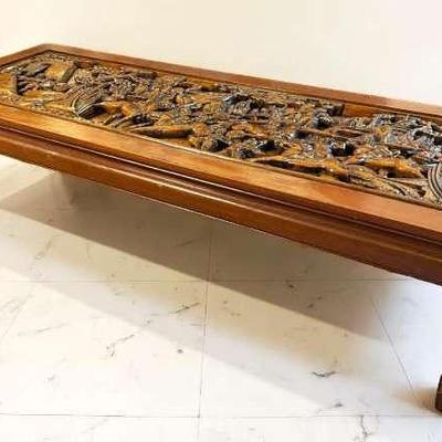 Asian Hand Carved Wood Coffee Table with Battle Scene Relief, Glass Top - 60x22x16”