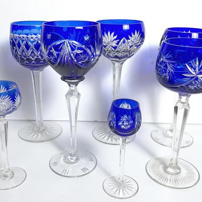 Cobalt Cut To Clear Crystal Wine & Cordial Glasses