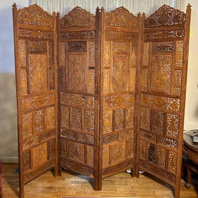 Carved Teak Room Divider Screen - 4 21x74” Panels