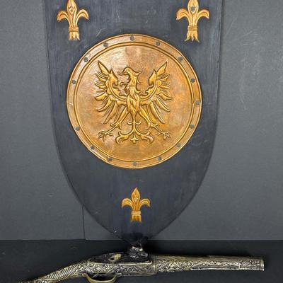 Replica Metal Flintlock & Wood Shield Plaque 11x20”