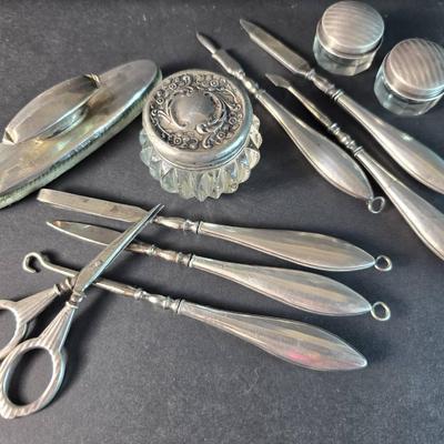 Vintage 800 Silver Handled Vanity Tools & Lidded Jars