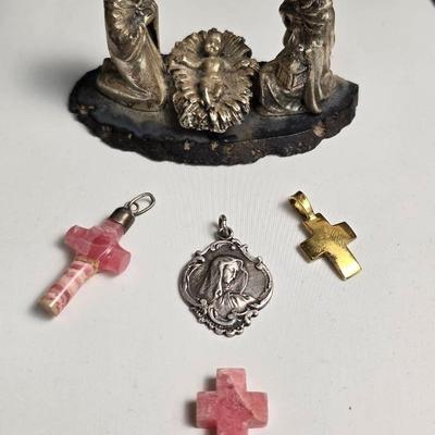 Sterling Silver & Agate Nativity, Plus Sterling Or Sterling Accented Cross & Virgin Mary Pendants