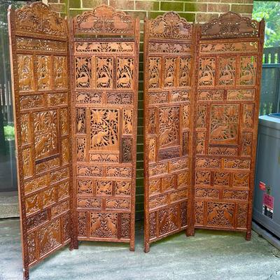 Southeast Asian Carved Wood 4-Panel Room Divider 
