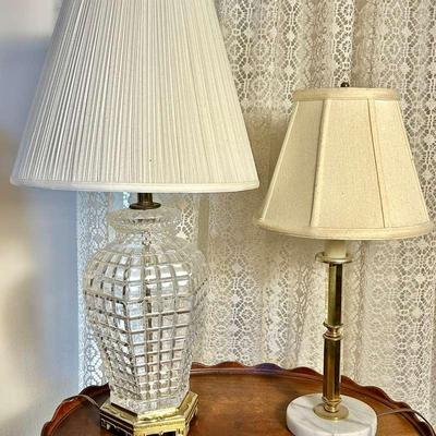 Glass Lamp With Brass Base 26” & Brass Lamp With Marble Base 21”