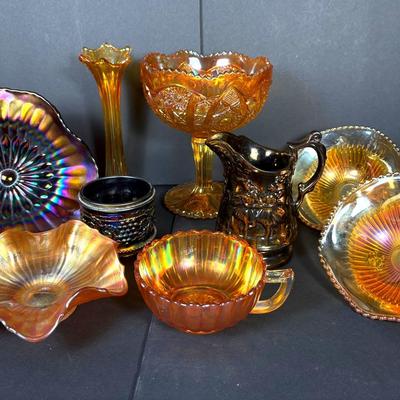 Carnival Glass Including Imperial Footed Bowl 7.5”h, Plus Lusterware Pitcher 