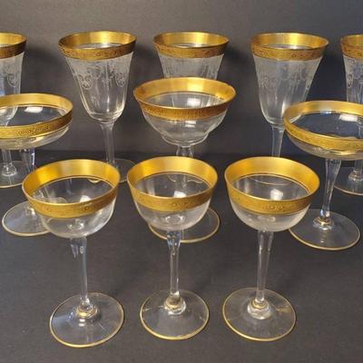 Tiffin Style Gold Rimmed Stemware: Champagne Coupes, Goblets, Cordials