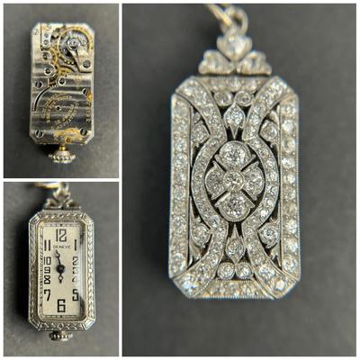 Art Deco C.H. Meylan Platinum & Diamond 18 Jewel Watch Pendant - Face Marked Geneve 