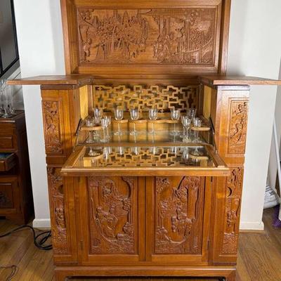 Asian Carved Wood Bar Cabinet - 35x19x43" 