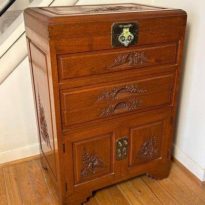 Asian Carved Wood Silverware Chest - 20x14x30”