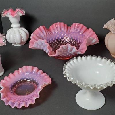 Fenton Glass: Peach Crest & Pink Rose Vases, Crystal Crest Compote, Cranberry Opalescent Hobnail