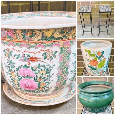 Chinese Famille Rose Jardinere & More Ceramic Planters, Plus Tile Top Metal Plant Stand Pair