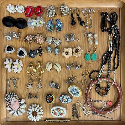 Vintage Costume Jewelry including Karu Arte & Swarovski Earrings & Italian Micro Mosaic Brooches 