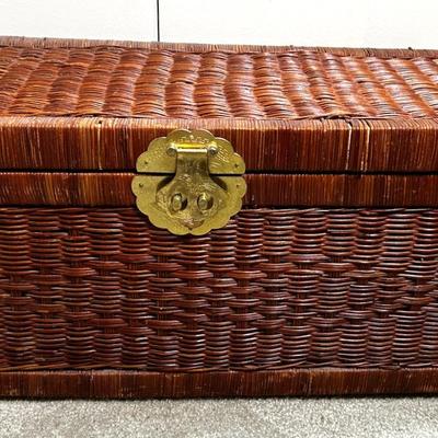 Vintage Chinoiserie Wicker Trunk With Brass Accents - 28x12x12.5”