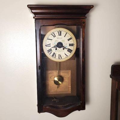 New England Clock Co. Spring-wound Pendulum Wall Clock With Brass Key 11x24x5”