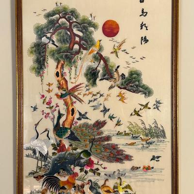 Asian Silk Landscape With Birds - Framed 23x16”
