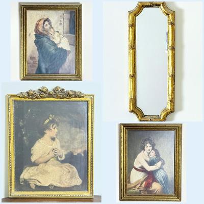 Vintage Prints 9x11” To 10x13” & Gilt Bamboo Framed Mirror 16x6”