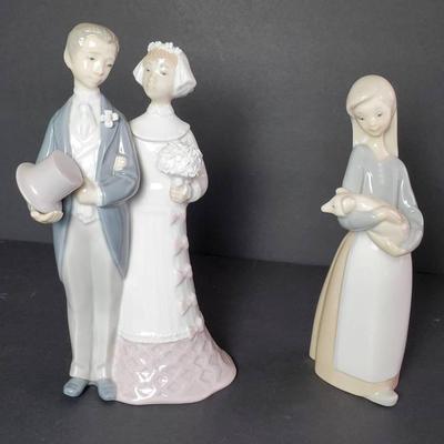 Lladro Figurines: 7" Girl With Piglet & 7.5" Bride & Groom