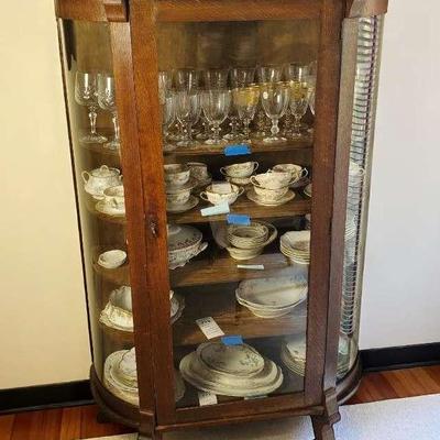 Vintage Oak Curved Glass Curio Cabinet - 36x 16x 60”