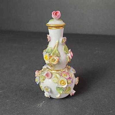 Dresden Style Porcelain Applied Floral Perfume Bottle with Stopper - 3 1/8"
