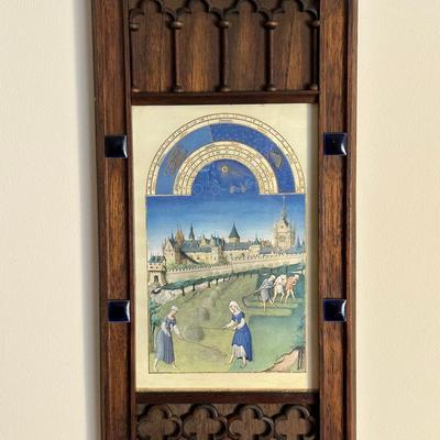 Medeival Style Wood Panel With Les Tres Riches Heures Print - 18x9”