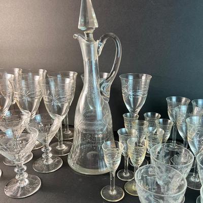 Etched Decanter & Drinkware including Wine Glasses, Cordials, More